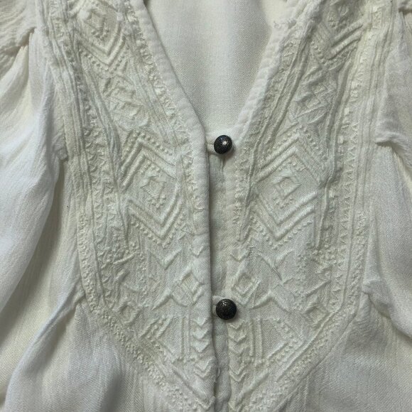 Roxy Boho Peasant Embroidered White 3/4 Sleeve Button Down Top Size Small - Picture 6 of 10